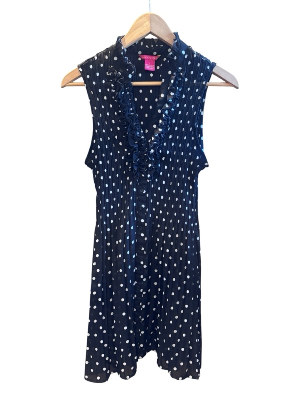 Sunny Leigh Navy & White Polka Dot Pleated Dress Ruffle Front Button Sleeveless